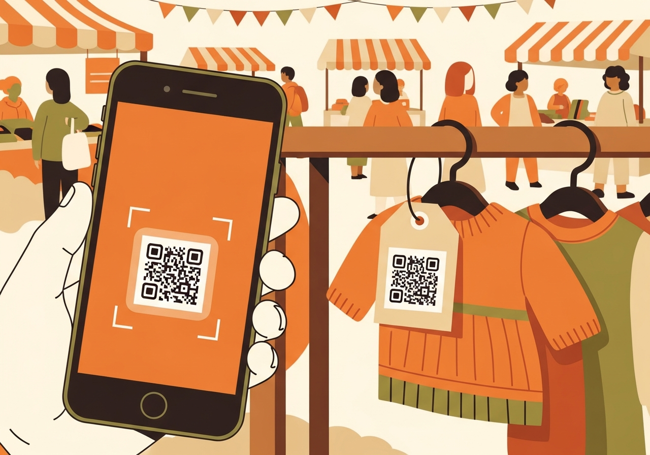 Kassierer scannt QR-Code-Etikett mit dem Smartphone an der Basar-Kasse – schneller Checkout mit der MyBASAR App